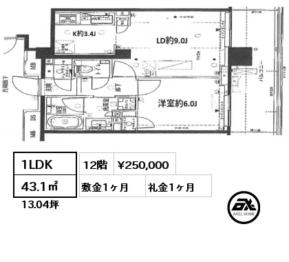 間取り10 1LDK 43.1㎡ 12階 賃料¥250,000 敷金1ヶ月 礼金1ヶ月 　