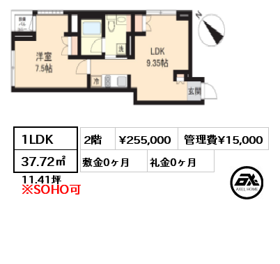 間取り10 1LDK 37.72㎡ 2階 賃料¥255,000 管理費¥15,000 敷金0ヶ月 礼金0ヶ月