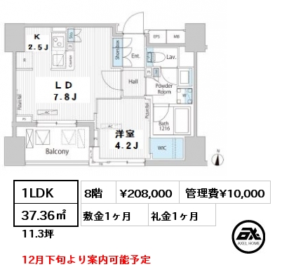 間取り10 1LDK 37.36㎡ 8階 賃料¥208,000 管理費¥10,000 敷金1ヶ月 礼金1ヶ月 12月下旬より案内可能予定