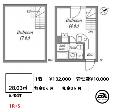 間取り10  28.03㎡ 1階 賃料¥132,000 管理費¥10,000 敷金0ヶ月 礼金0ヶ月 1R+S　