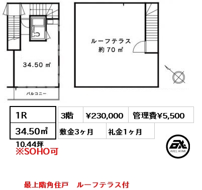 1R 34.50㎡ 3階 賃料¥230,000 管理費¥5,500 敷金3ヶ月 礼金1ヶ月 最上階角住戸　ルーフテラス付　