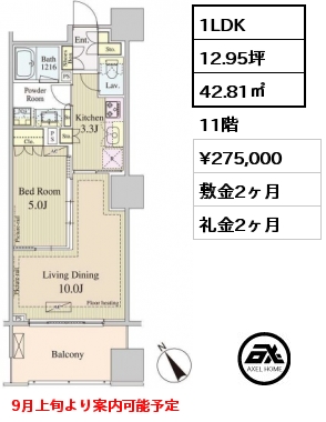 1LDK 42.81㎡ 11階 賃料¥275,000 敷金2ヶ月 礼金2ヶ月 9月上旬より案内可能予定
