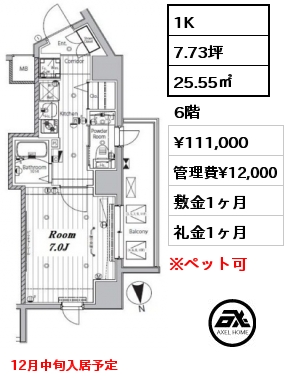 1K 25.55㎡ 6階 賃料¥111,000 管理費¥12,000 敷金1ヶ月 礼金1ヶ月 12月中旬入居予定