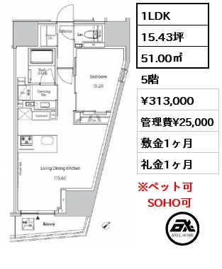1LDK 51.00㎡ 5階 賃料¥313,000 管理費¥25,000 敷金1ヶ月 礼金1ヶ月