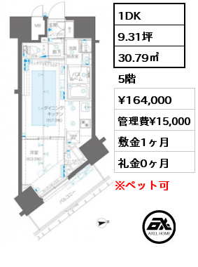 1DK 30.79㎡ 5階 賃料¥164,000 管理費¥15,000 敷金1ヶ月 礼金0ヶ月