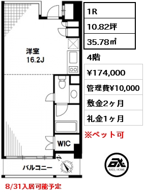 間取り10 1R 35.78㎡ 4階 賃料¥174,000 管理費¥10,000 敷金2ヶ月 礼金1ヶ月 8/31入居可能予定　　　　　　