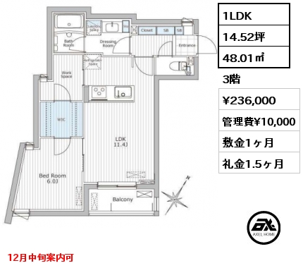 1LDK 48.01㎡ 3階 賃料¥236,000 管理費¥10,000 敷金1ヶ月 礼金1.5ヶ月 12月中旬案内可