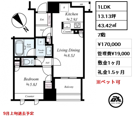 間取り10 1LDK 43.42㎡ 7階 賃料¥170,000 管理費¥19,000 敷金1ヶ月 礼金1.5ヶ月 9月上旬退去予定