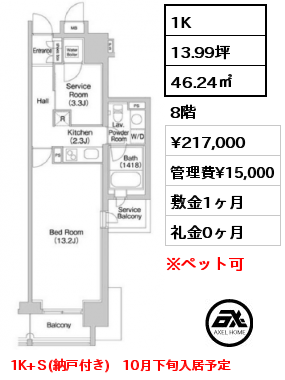 間取り10 1K 46.24㎡ 8階 賃料¥217,000 管理費¥15,000 敷金1ヶ月 礼金0ヶ月 1K+Ｓ(納戸付き)　10月下旬入居予定