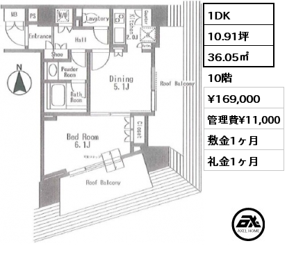 間取り10 1DK 36.05㎡ 10階 賃料¥169,000 管理費¥11,000 敷金1ヶ月 礼金1ヶ月 　