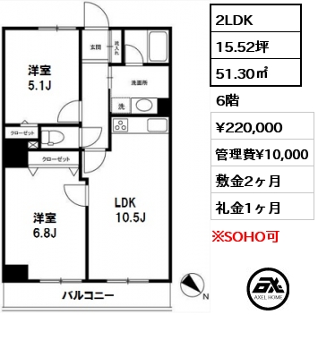 間取り10 2LDK 51.30㎡ 6階 賃料¥220,000 管理費¥10,000 敷金2ヶ月 礼金1ヶ月