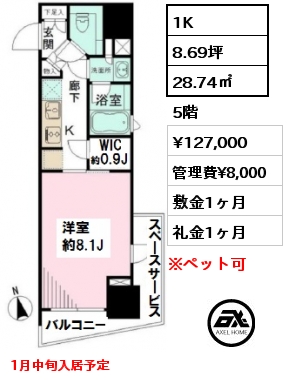 間取り10 1K 28.74㎡ 5階 賃料¥127,000 管理費¥8,000 敷金1ヶ月 礼金1ヶ月 1月中旬入居予定