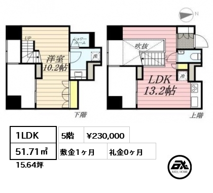 間取り10 1LDK 51.71㎡ 5階 賃料¥230,000 敷金1ヶ月 礼金0ヶ月