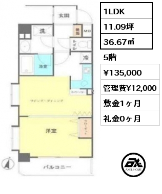 1LDK 36.67㎡ 5階 賃料¥135,000 管理費¥12,000 敷金1ヶ月 礼金0ヶ月