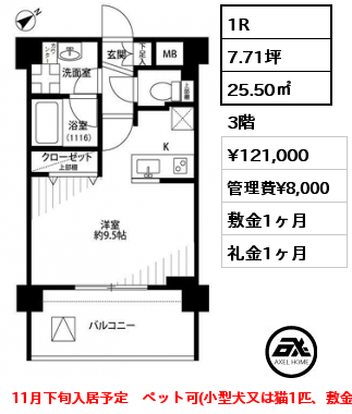 1R 25.50㎡ 3階 賃料¥121,000 管理費¥8,000 敷金1ヶ月 礼金1ヶ月 11月下旬入居予定　ペット可(小型犬又は猫1匹、敷金2ヶ月）