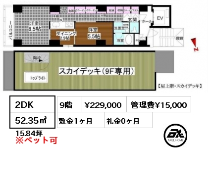 間取り10 2DK 52.35㎡ 9階 賃料¥229,000 管理費¥15,000 敷金1ヶ月 礼金0ヶ月 　　