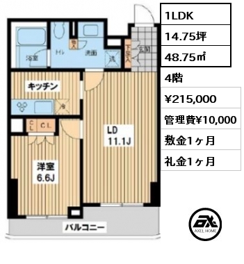 間取り10 1LDK 48.75㎡ 4階 賃料¥215,000 管理費¥10,000 敷金1ヶ月 礼金1ヶ月