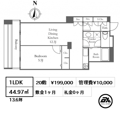 1LDK 44.97㎡ 20階 賃料¥194,000 管理費¥10,000 敷金1ヶ月 礼金0ヶ月