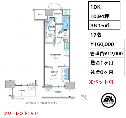 1DK 36.15㎡ 17階 賃料¥160,000 管理費¥12,000 敷金1ヶ月 礼金0ヶ月 フリーレント1ヶ月