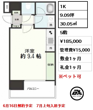 間取り11 1K 30.05㎡ 5階 賃料¥185,000 管理費¥15,000 敷金1ヶ月 礼金1ヶ月 6月16日解約予定　7月上旬入居予定