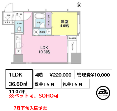 間取り11 1LDK 36.60㎡ 4階 賃料¥220,000 管理費¥10,000 敷金1ヶ月 礼金1ヶ月 7月下旬入居予定