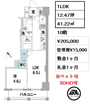 間取り11 1LDK 41.22㎡ 10階 賃料¥205,000 管理費¥15,000 敷金1ヶ月 礼金1ヶ月