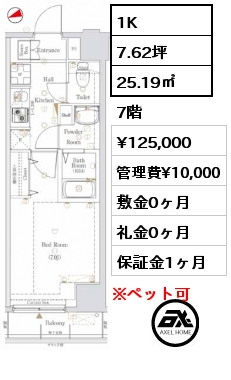 間取り11 1K 25.19㎡ 7階 賃料¥125,000 管理費¥10,000 敷金0ヶ月 礼金0ヶ月