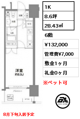 間取り11 1K 28.43㎡ 6階 賃料¥132,000 管理費¥7,000 敷金1ヶ月 礼金0ヶ月 8月下旬入居予定　