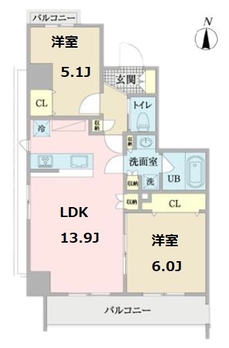 間取り11 2LDK 56.73㎡ 7階 賃料¥250,000 管理費¥10,000 敷金1ヶ月 礼金1ヶ月  　　