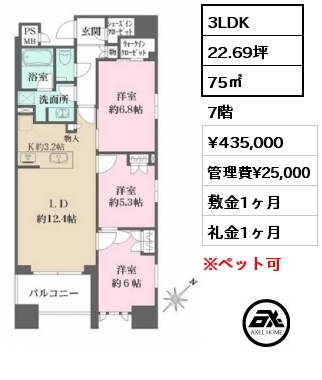 3LDK 75㎡ 7階 賃料¥435,000 管理費¥25,000 敷金1ヶ月 礼金1ヶ月