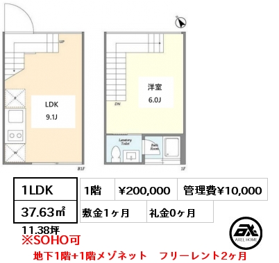 1LDK 37.63㎡ 1階 賃料¥200,000 管理費¥10,000 敷金1ヶ月 礼金0ヶ月 地下1階+1階メゾネット　フリーレント2ヶ月
