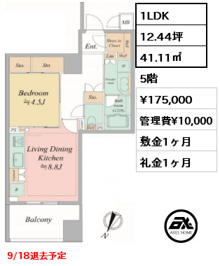 1LDK 41.11㎡ 5階 賃料¥175,000 管理費¥10,000 敷金1ヶ月 礼金1ヶ月 9/18退去予定