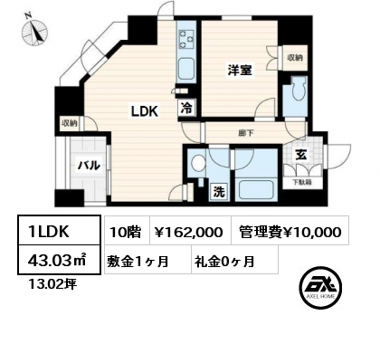 間取り11 1LDK 43.03㎡ 10階 賃料¥162,000 管理費¥10,000 敷金1ヶ月 礼金0ヶ月