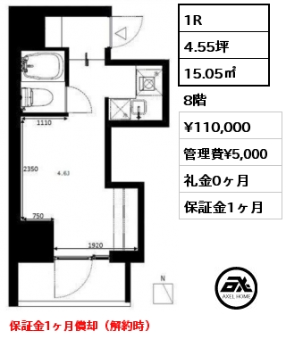 1R 15.05㎡ 8階 賃料¥110,000 管理費¥5,000 礼金0ヶ月 保証金1ヶ月償却（解約時）