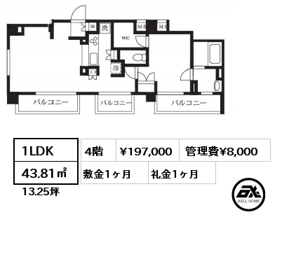 間取り11 1LDK 43.81㎡ 4階 賃料¥197,000 管理費¥8,000 敷金1ヶ月 礼金1ヶ月