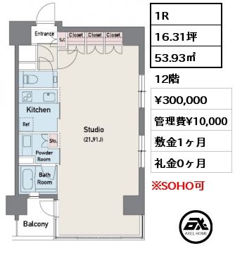 1R 53.93㎡  賃料¥300,000 管理費¥10,000 敷金1ヶ月 礼金0ヶ月