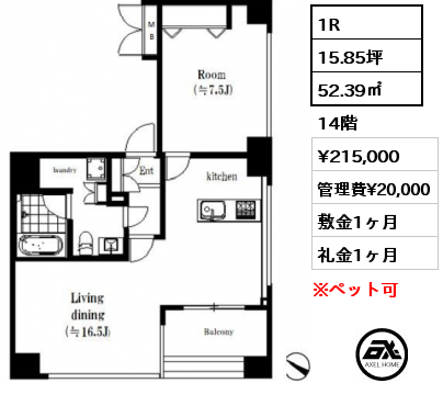 1R 52.39㎡ 14階 賃料¥215,000 管理費¥20,000 敷金1ヶ月 礼金1ヶ月