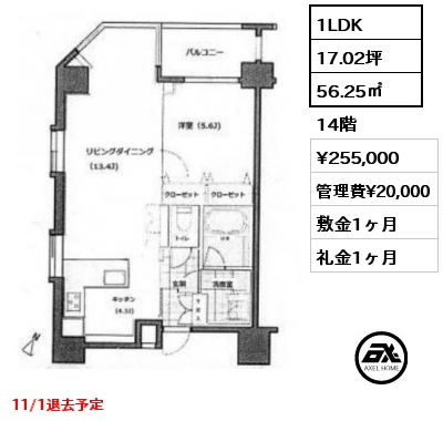 1LDK 56.25㎡ 14階 賃料¥255,000 管理費¥20,000 敷金1ヶ月 礼金1ヶ月 11/1退去予定