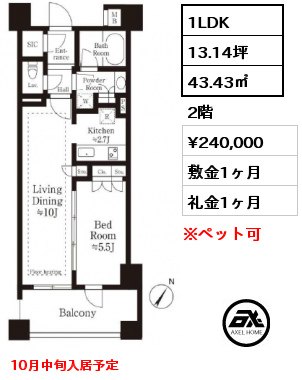 間取り11 1LDK 43.43㎡ 2階 賃料¥240,000 敷金1ヶ月 礼金1ヶ月 10月中旬入居予定