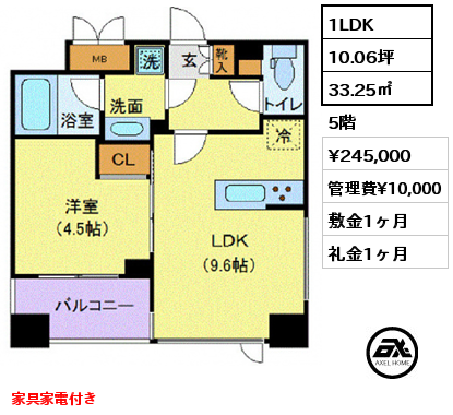 間取り11 1LDK 33.25㎡ 5階 賃料¥245,000 管理費¥10,000 敷金1ヶ月 礼金1ヶ月 家具家電付き　