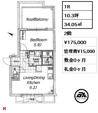 間取り11 1R 34.05㎡ 2階 賃料¥175,000 管理費¥15,000 敷金0ヶ月 礼金0ヶ月 N　