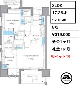 間取り11 2LDK 57.05㎡ 8階 賃料¥319,000 敷金1ヶ月 礼金1ヶ月