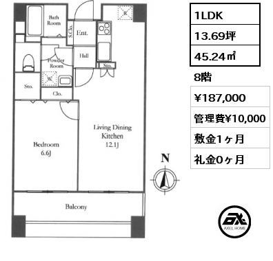 1LDK 45.24㎡ 8階 賃料¥187,000 管理費¥10,000 敷金1ヶ月 礼金0ヶ月