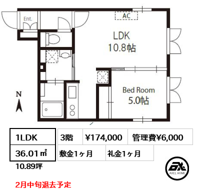 Ｄタイプ 1LDK 36.01㎡  賃料¥174,000 管理費¥6,000 敷金1ヶ月 礼金1ヶ月 2月中旬退去予定