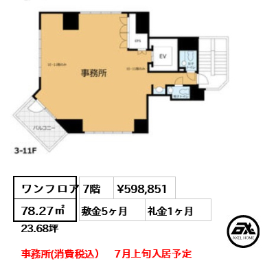 ワンフロア 78.27㎡  賃料¥598,851 敷金5ヶ月 礼金1ヶ月 事務所(消費税込）　7月上旬入居予定