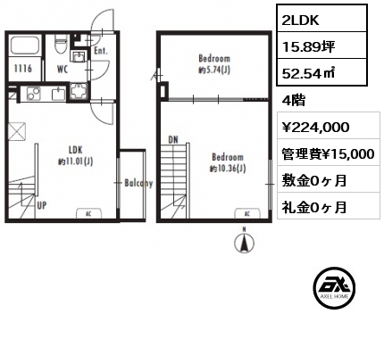 2LDK 52.54㎡ 4階 賃料¥224,000 管理費¥15,000 敷金0ヶ月 礼金0ヶ月