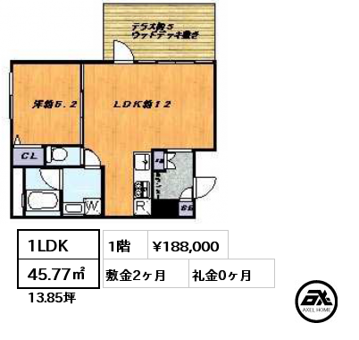 1LDK 45.77㎡ 1階 賃料¥188,000 敷金2ヶ月 礼金0ヶ月