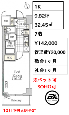 1K 32.45㎡ 7階 賃料¥142,000 管理費¥20,000 敷金1ヶ月 礼金1ヶ月 10月中旬入居予定