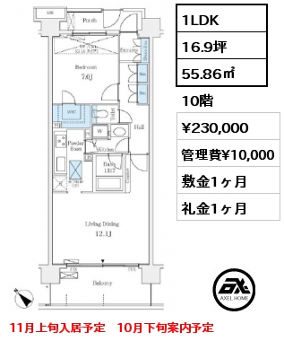 1LDK 55.86㎡ 10階 賃料¥230,000 管理費¥10,000 敷金1ヶ月 礼金1ヶ月 11月上旬入居予定　10月下旬案内予定