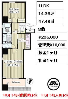 1LDK 47.48㎡ 8階 賃料¥206,000 管理費¥10,000 敷金1ヶ月 礼金1ヶ月 10月下旬内覧開始予定　11月下旬入居予定